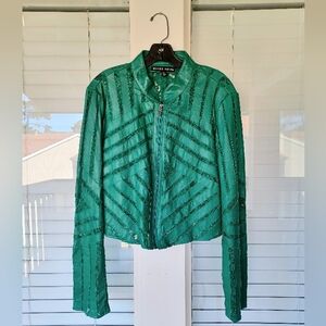 Vtg 2000s Green Leather & Lace Jacket, by Blanc Noir, Sz L/XL